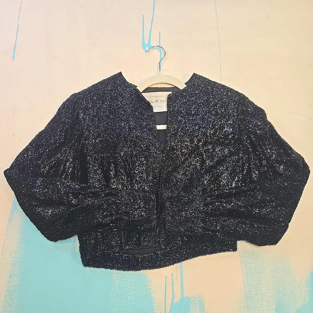 VTG Sarmi Women's Cropped Jacket Size S Metallic Black Puff Sleeve Boxy NY 1960s